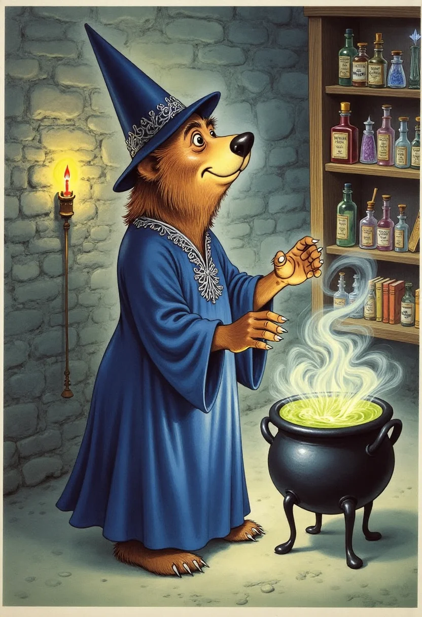 Old book illustration style, colored drawing of a bear wizard standing beside a bubbling cauldron inside a cozy stone tower room. The bear wears a long, dark blue robe with silver embroidery and a matching pointed hat. His thick fur is visible around his face and paws. Magical sparks and swirling mist rise from the glowing green potion in the cauldron. Shelves lined with potion bottles, ancient books, and glowing crystals fill the background. Soft candlelight casts warm shadows on the stone walls. The colors are deep and muted, with fine brushstrokes and a whimsical, enchanting storybook feel. <lora:oldillustration_V1.1:0.9>