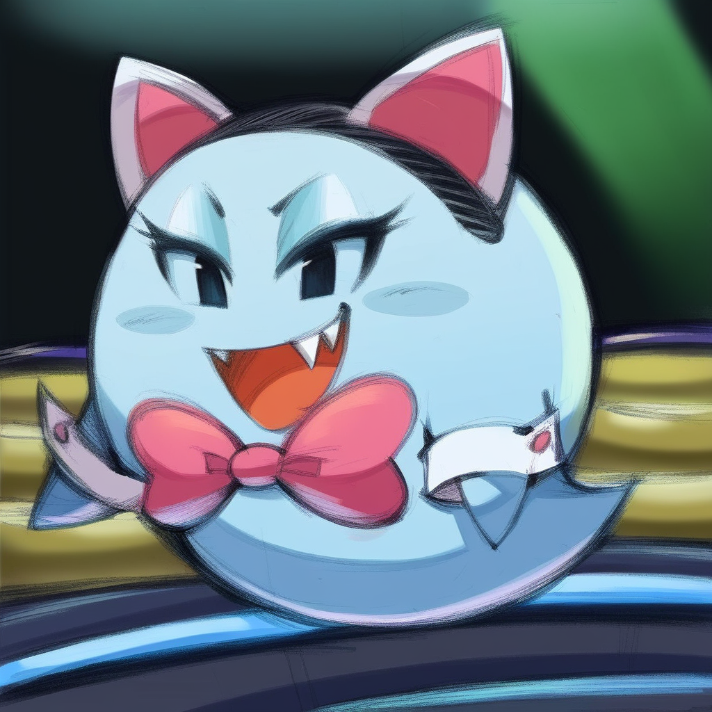 (masterpiece, best quality), score_9, score_8_up, score_7_up, score_6_up, score_5_up, BREAK,
<lora:Paper_Mario_Female_Boos:1>, 1girl, solo, boo_spirit, peeka, blue skin, fake cat ears, cuff links, pink bow tie, smile, fangs, floating, BREAK,
(nightclub: 1.4)