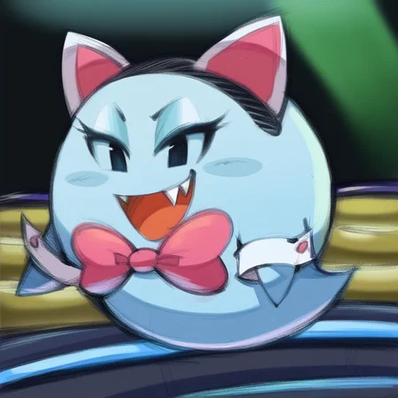 (masterpiece, best quality), score_9, score_8_up, score_7_up, score_6_up, score_5_up, BREAK,
<lora:Paper_Mario_Female_Boos:1>, 1girl, solo, boo_spirit, peeka, blue skin, fake cat ears, cuff links, pink bow tie, smile, fangs, floating, BREAK,
(nightclub: 1.4)