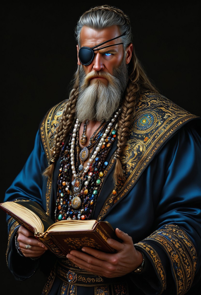 breathtaking detailed, masterpiece, absurdres, awe-inspiring, best quality, vibrant colors, nbn-odin, beard, eye patch, holding book, old, grey hair, grey beard, odin, man, braided hair, pearl necklace, brown braids, blue eye, half body