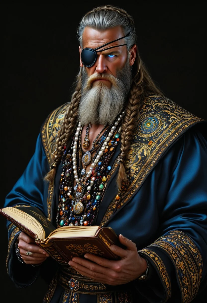 breathtaking detailed, masterpiece, absurdres, awe-inspiring, best quality, vibrant colors, nbn-odin, beard, eye patch, holding book, old, grey hair, grey beard, odin, man, braided hair, pearl necklace, brown braids, blue eye, half body