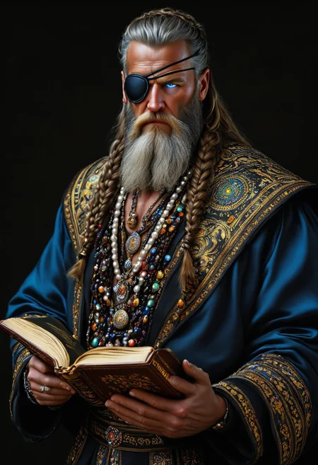 breathtaking detailed, masterpiece, absurdres, awe-inspiring, best quality, vibrant colors, nbn-odin, beard, eye patch, holding book, old, grey hair, grey beard, odin, man, braided hair, pearl necklace, brown braids, blue eye, half body