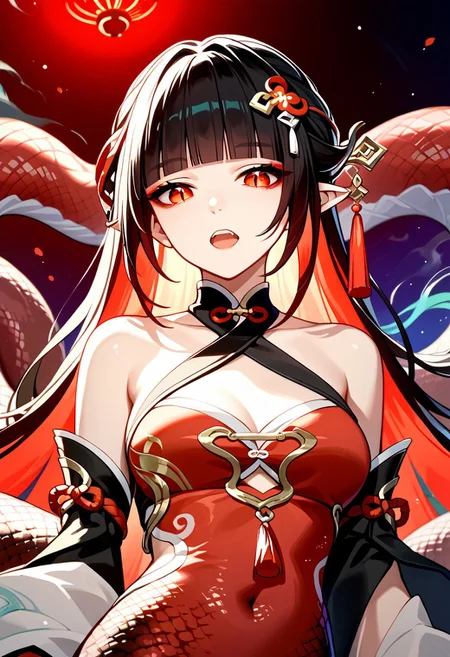 score_9,score_8_up,score_7_up,source_anime,LINGSHA_(NVWA),1girl,solo,open mouth,hair ornament,bare shoulders,upper body,blunt bangs,chinese clothes,portrait,colored inner hair,MONSTER_GIRL,LAMIA,