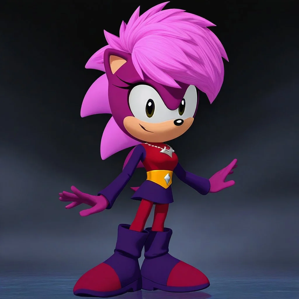 1girl, solo, Sonia_the_hedgehog, pink hair, purple skin, red outfit with high collar, purple long sleeves, lightning bolt necklace, yellow belt with central gem, red leggings with purple accents, dark purple boots, standing, smiling, looking at viewer, S3D-Render, 3D