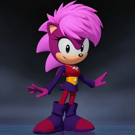 1girl, solo, Sonia_the_hedgehog, pink hair, purple skin, red outfit with high collar, purple long sleeves, lightning bolt necklace, yellow belt with central gem, red leggings with purple accents, dark purple boots, standing, smiling, looking at viewer, S3D-Render, 3D
