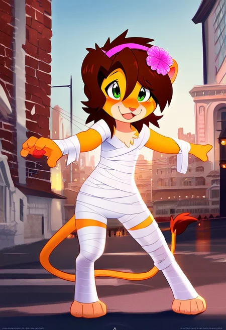 score_8_up, score_7_up, Keiko,1girl,solo,brown hair,furry female,green eyes,smile,animal ears,tail,animal nose,hairband,hair ornament,hair flower,body fur,short hair,bangs,lion ears, outdoors, city street on Halloween night, mummy costume, background, highly detailed, detailed background, beautiful fur, detailed lighting, best quality, masterpiece, detailed eyes, by ancesra, cute, blushing, crotch, cute pose, mouth open,
