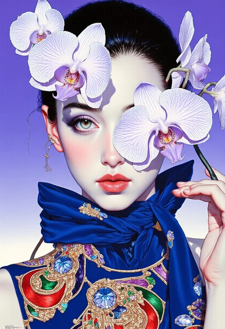A high-resolution ArsMJStyle, colored pencil hyper-detailed realism featuring an Asian woman with an elegant, serene expression. She has smooth, fair skin and a delicate, petite build. Her dark hair is styled in a high ponytail, emphasizing her refined features. Her face is framed by striking gothic makeup—deep, smoky black eyeshadow extending dramatically past her almond-shaped eyes, sharp winged eyeliner, and bold matte black lips that contrast against her porcelain-like complexion. A striking deep sapphire blue scarf is tied around her neck, its soft fabric adding a delicate contrast against the cool periwinkle background, creating a harmonious and ethereal effect. Her face is partially obscured by large, surreal orchids whose petals are entirely crafted from sparkling rhinestone diamond simulants, each facet catching light and reflecting dazzling hues of crystal white, sky blue, and soft lavender. The orchids emerge from thin, twisting stems that seem to grow from her forehead, enhancing the dreamlike, avant-garde aesthetic. She wears a fitted, sleeveless navy top adorned with intricate, multicolored embroidery in swirling floral and celestial motifs, stitched in shimmering gold, emerald green, and fiery crimson thread. The cool-toned background envelops the scene in a luminous glow, highlighting the interplay between her richly decorated attire, the shimmering gemstone florals, and her gothic allure. The overall composition is a fusion of high fashion and surreal beauty, seamlessly blending nature with futuristic contemporary artistry.