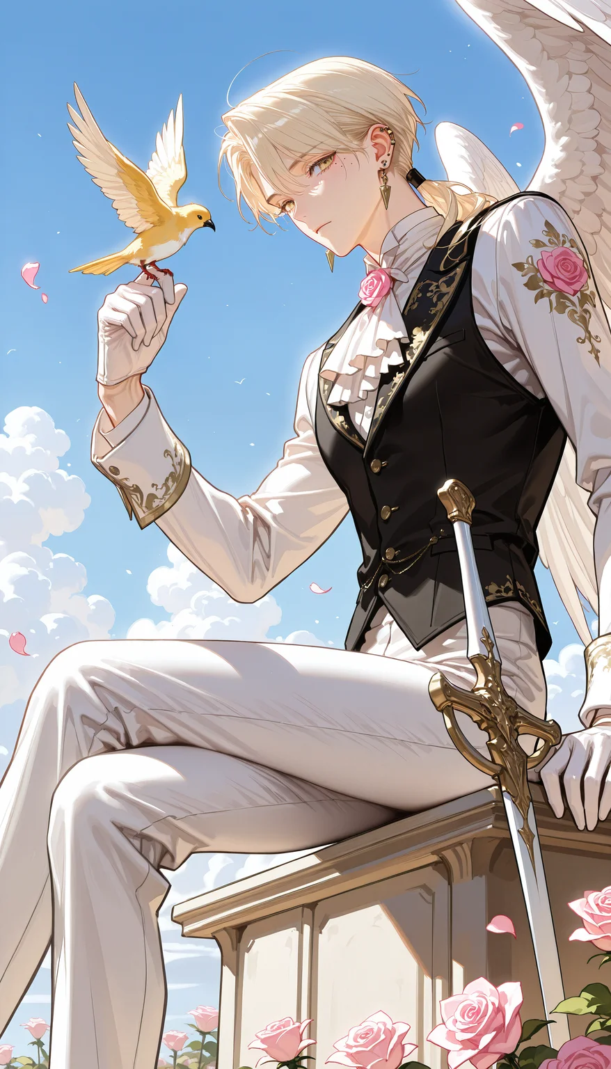 (MWV-Illu, sketch, doujinshi, painterly, sketchy, painterly)
(1boy, skinny, toned_male, muscular_male, solo, long_hair, looking_at_viewer, bangs, blonde_hair, eyebrows_visible_through_hair, red_eyes, shirt, gloves, 1boy, long_sleeves, original, holding, sitting, jewelry, closed_mouth, weapon, yellow_eyes, flower, ahoge, white_shirt, male_focus, earrings, white_hair, wings, sky, outdoors, day, sword, white_gloves, pants, hand_up, vest, holding_weapon, mole, petals, ascot, mole_under_eye, rose, bird, animal, formal, floral_print, feet_out_of_frame, crossed_legs, piercing, feathered_wings, ear_piercing, pink_flower, white_pants, white_wings, pink_rose, white_ascot, bird_on_hand)