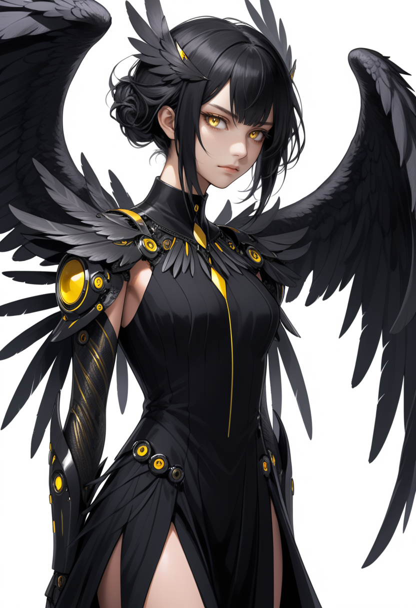 female,wings,mechanical wings,small breasts,black hair,corvid,yellow eyes,(humanoid face),large wings,spread wings,winged humanoid,open-back dress,side slit,white background,standing,contrapposto,slight frown,half closed eyes,looking ahead,feather hair,feather tuft,neck tuft,bored,( feather body, black feathers),(((winged arms)), Monster girl,,