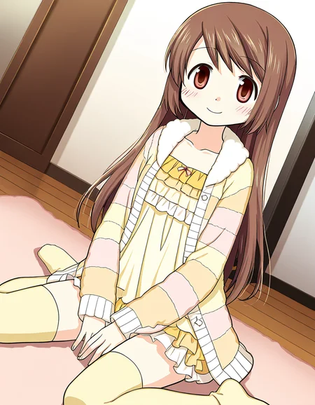 masterpiece, best quality, newest, absurdres, highres, safe, 1girl, yui tsuruno \(pajamas costume\), magia record: mahou shoujo madoka magica gaiden, solo, yellow thighhighs, wariza, indoors, dutch angle, <lora:yui_tsuruno_noobaiXLNAIXL_vPred10Version:0.7>