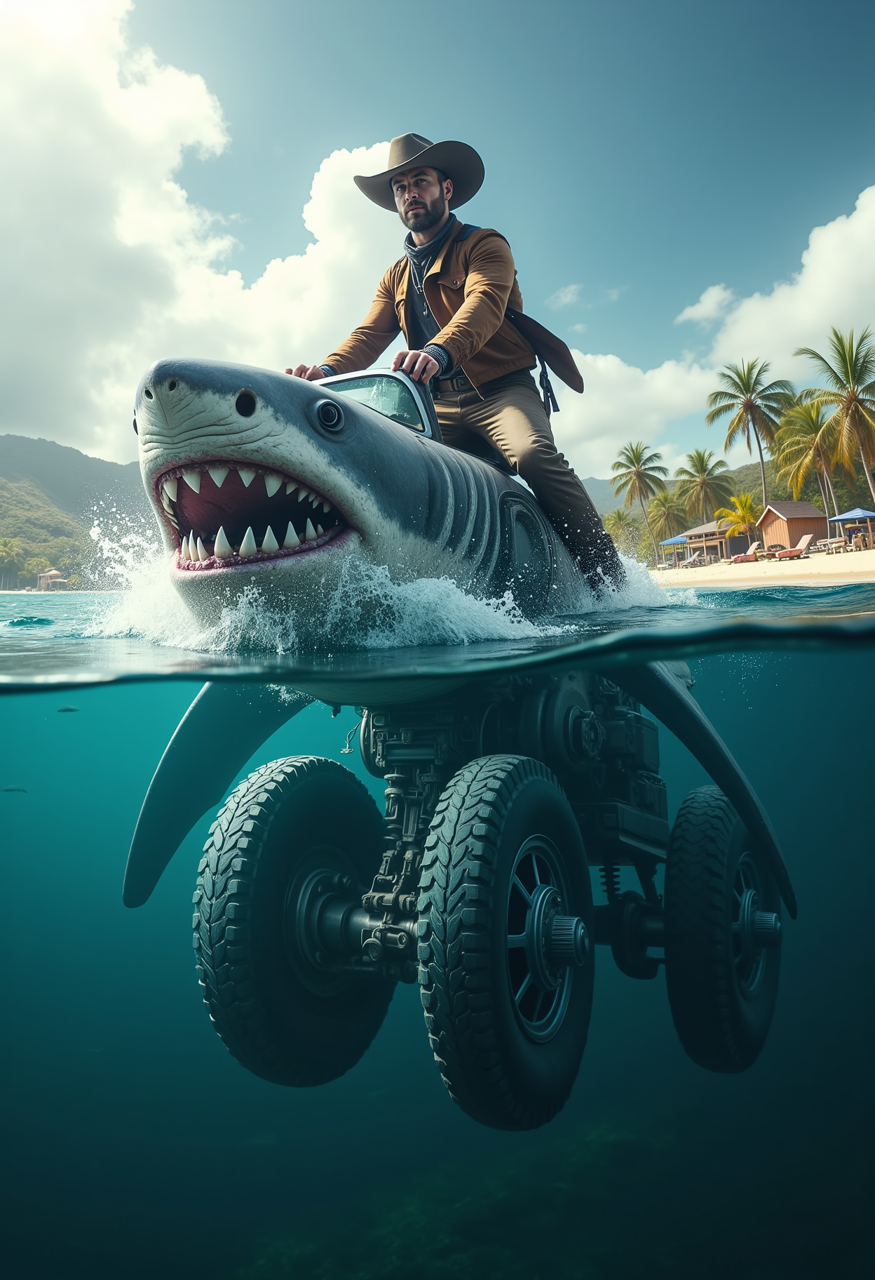 Split shot photography, half-in half-out, a cowboy above the water is riding a cyberpunk city textured shark spaceship with wheels underwater. the cowboy is coming out of the water but the shark is beneath the water line. the background features a tropical island paradise <lora:Dever_Flux_Enhancer:0.5>