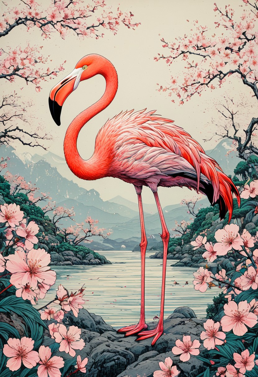 silk screen art, (ukiyo-e:1.1), (painted by Kim Hong-do:1.1), beautiful flamingo, assisted katsuhiro otomo, line art, glitch art, cherry blossoms