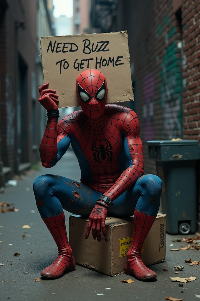 Create an image of Spider-Man as a beggar in a gritty urban alleyway. He is wearing a tattered version of his iconic red and blue suit, with visible tears and dirt. His mask is partially removed, revealing a tired and hopeless expression. He sits on a broken cardboard box, holding up a hand-made sign that reads, 'NEED BUZZ TO GET HOME.' The alley is dimly lit, with graffiti-covered walls, a trash bin, and scattered debris in the background. The overall mood is somber, emphasizing struggle and irony.