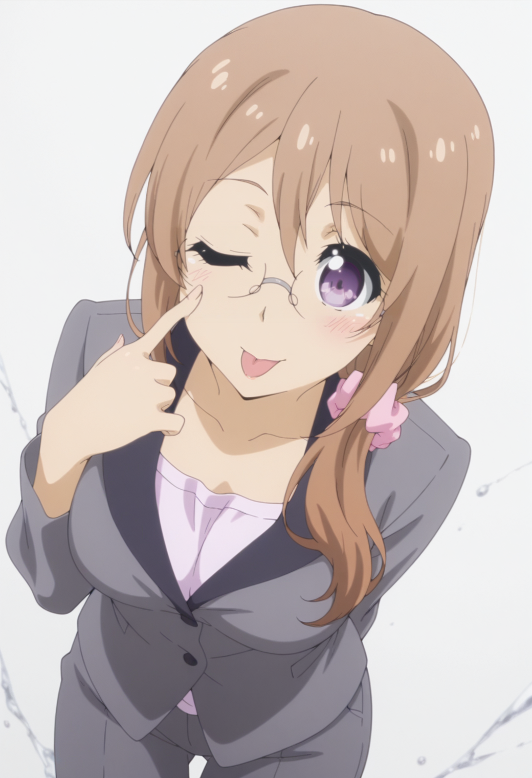 anime screencap, anime coloring,  <lora:DX888Yui:1> saitou yui, purple eyes, brown hair, long hair, hair over shoulder BREAK teacher, glasses, hair scrunchie, suit, grey pants, BREAK simple background, grey background,  marble background, BREAK   1girl, ;p, akanbe, arms behind back,  blush, breasts, cowboy shot,  (eyelid pull:1.3), looking at viewer,  one eye closed, solo, tongue out,  from above, dutch angle, leaning forward,