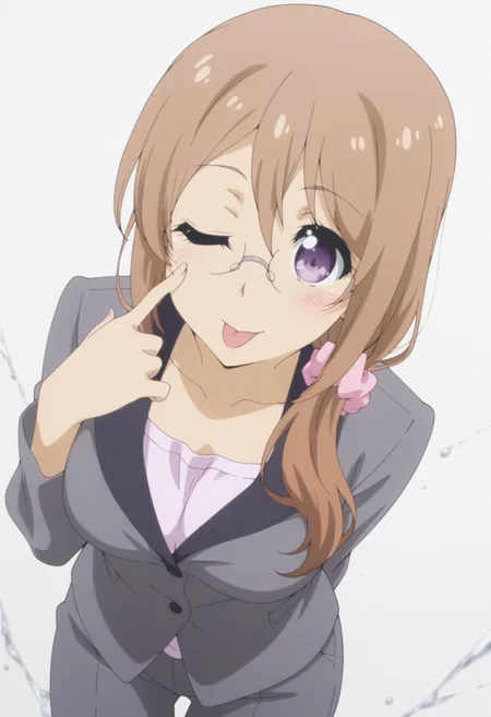 anime screencap, anime coloring,  <lora:DX888Yui:1> saitou yui, purple eyes, brown hair, long hair, hair over shoulder BREAK teacher, glasses, hair scrunchie, suit, grey pants, BREAK simple background, grey background,  marble background, BREAK   1girl, ;p, akanbe, arms behind back,  blush, breasts, cowboy shot,  (eyelid pull:1.3), looking at viewer,  one eye closed, solo, tongue out,  from above, dutch angle, leaning forward,