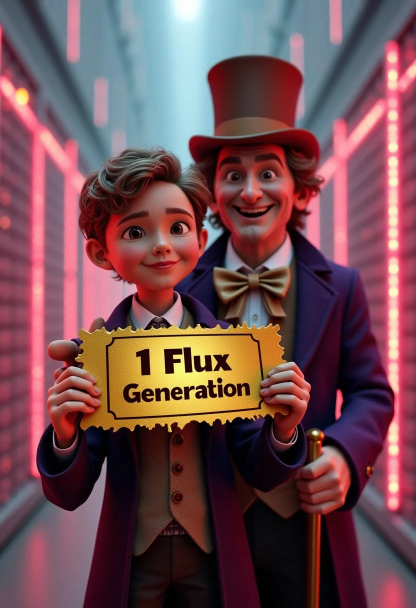 A not quite realistic 3d render of Charlie from 'Charlie and the Chocolate Factory' proudly showing off a candy-bar-sized golden ticket that says "1 Flux Generation". Willy Wonka has a big grin and is wearing a large top hat and extravagant clothes and holding a cane while standing behind Charlie. They are standing outdoors in front of a vast futuristic neon server farm. The Golden Ticket has jagged edges. Charlie is wearing poor clothing from the 1920's.
