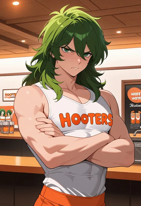 masterpiece, best quality, amazing quality, very aesthetic, absurdres, newest, ANDROMESHUN, SHUNPLAIN, 1boy, toned male, slender figure, long wavy green hair, green eyes, hooters outfit, inside, hooters restaurant, angry, scowl, crossed arms