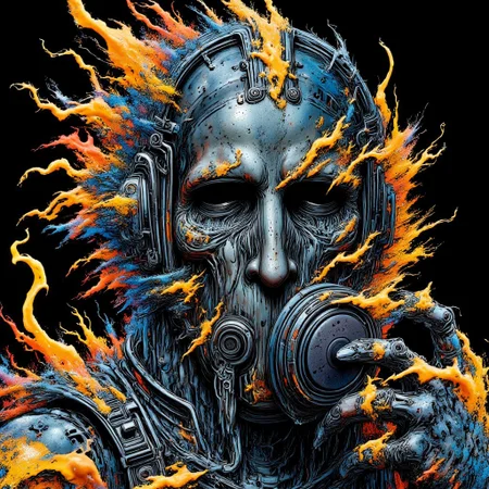 Zombie soldier wearing a biohazard gas mask, black and gold filigree, navy and gold vapor swirls, details in details