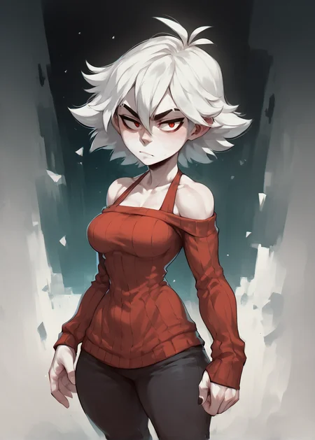 white skins, spiky red short tomboy hair, neutral expression, tight sweater, <lora:NAHIRI:1> nahiri, 1girl, solo, short hair, breasts, bare shoulders, white hair, colored skin, <lora:Huffslove_Style_PonyXL:1> shortstack, source_anime, score_9_up, score_7_up, score_8_up