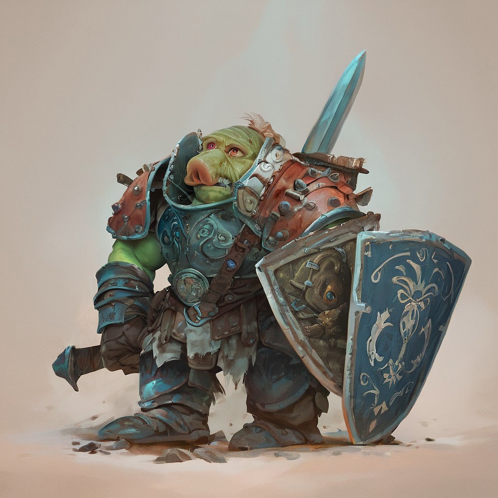 score_9, score_8_up, score_7_up, score_6_up, vivid colors, contrast vision, exaggerated features, multiple males, goblins, green skin, red eyes, big nose, armor, shields, swords
