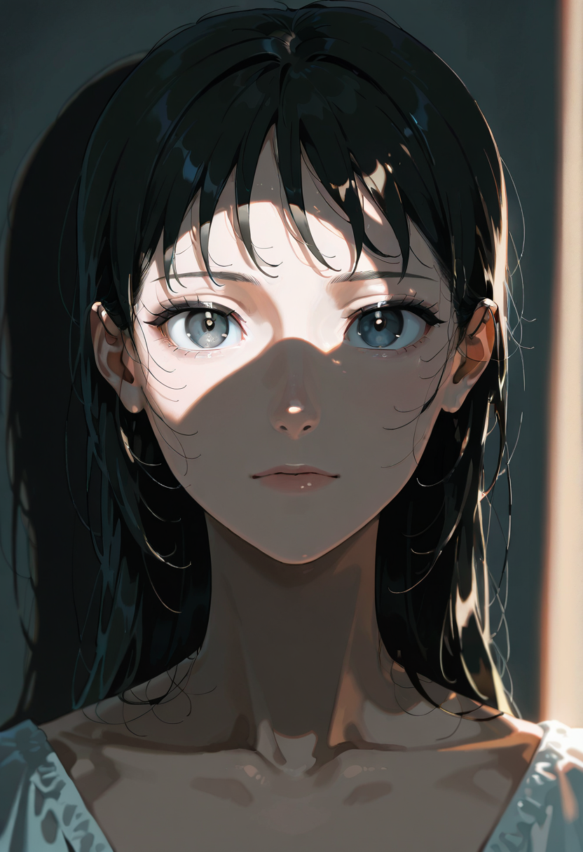gobo lighting, solo, 1girl, looking at viewer, shadow, black hair, portrait