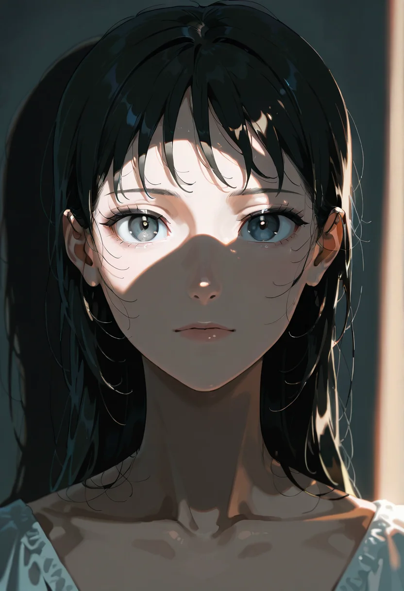 gobo lighting, solo, 1girl, looking at viewer, shadow, black hair, portrait
