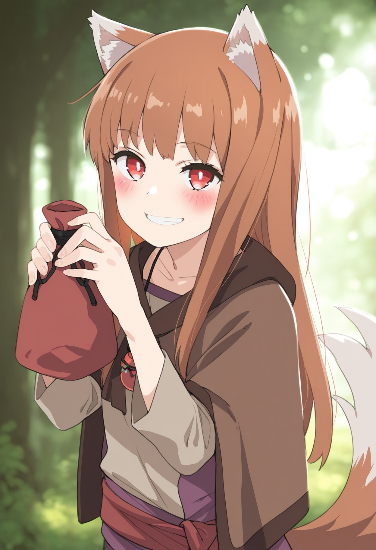 masterpiece,best quality,amazing quality,
1girl, solo, long hair, smile, tail, wolf girl, animal ears, red eyes, wolf tail, holo, wolf ears, blush, looking at viewer, brown hair, grin, holding,
 <lora:Saeki Tatsuya_epoch_9:1>