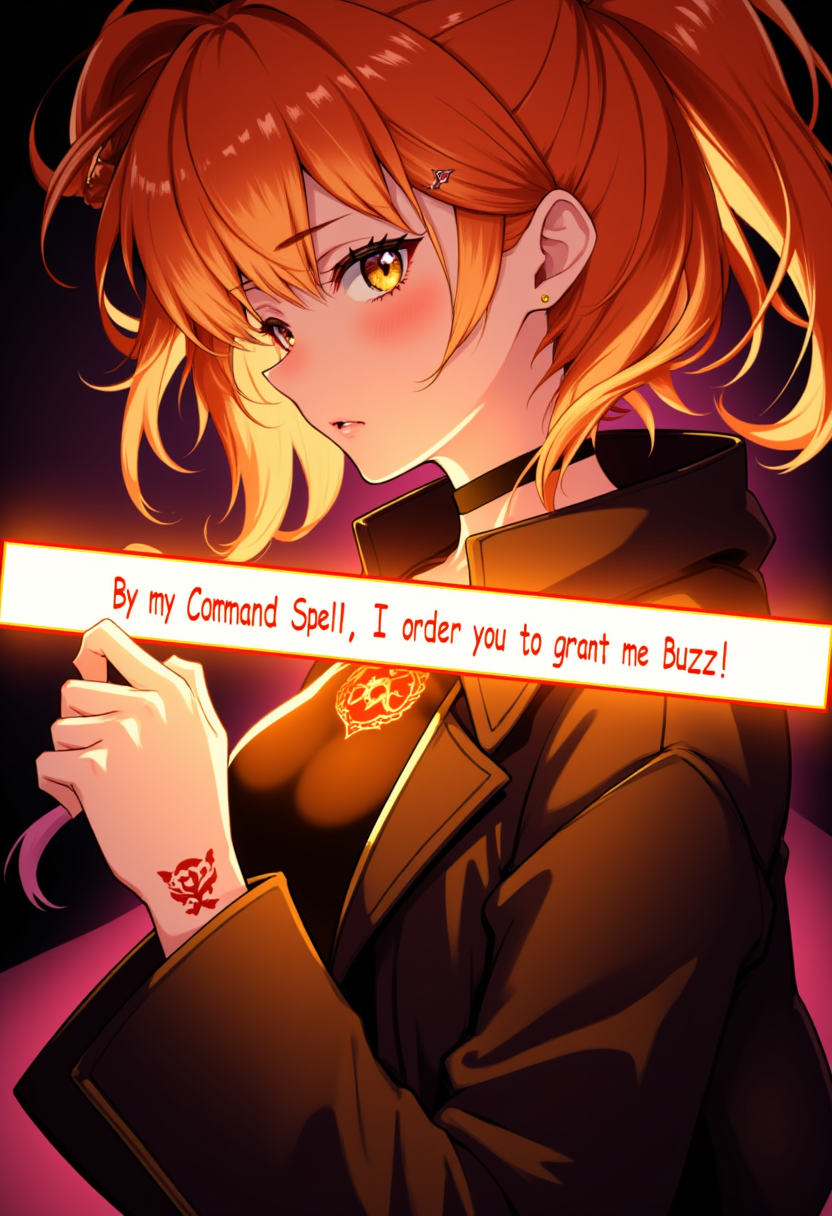 bmstyle, anime, gudako fate grand order, 1girl, orange hair, shoulder length hair, yellow eyes, side ponytail, black jacket, glowing red tattoo on hand, glowing text across the screen reads 'By my Command Spell, I order you to grant me Buzz!', <lora:Black_Magic_XL_Style_V2.0:1>
