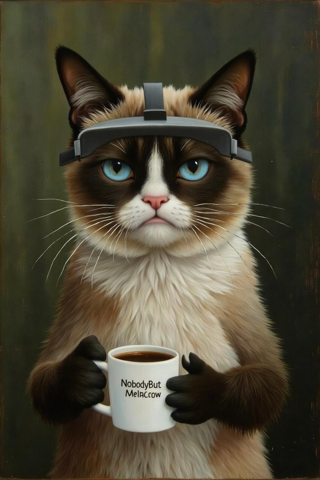 henrirousseau2 painting.
Grumpy Cat holding a coffee mug, wearing a VR Headset. The mug has the phrase "NobodyButMeow" printed  <lora:henrirousseau2_cap_d6a3:1.0><lora:834015145165530644:0>