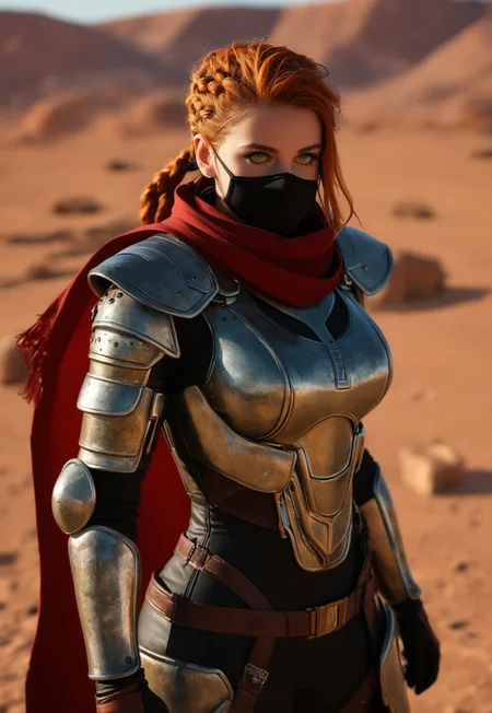 Main Character:
A tall viking-punk woman.
Wearing futuristic plate armor.
A face mask that is also adorned with Celtic runes.
A red cloak covered in Celtic runes.
Ginger braided hair that floats in the wind.
Weapon:
A red Mad-Srgns M41A rifle held in her hands.
Background:
A barren desert with sandy terrain.
Wind that blows her hair and cloak.
Additional Details:
Celtic runes on the armor and cloak.
Futuristic design of the armor and weapon.
(((full clothed)))
(8k uhd:1,4)
<lora:Dynamic Poses:1>
<lora:detailed_notrigger:1>