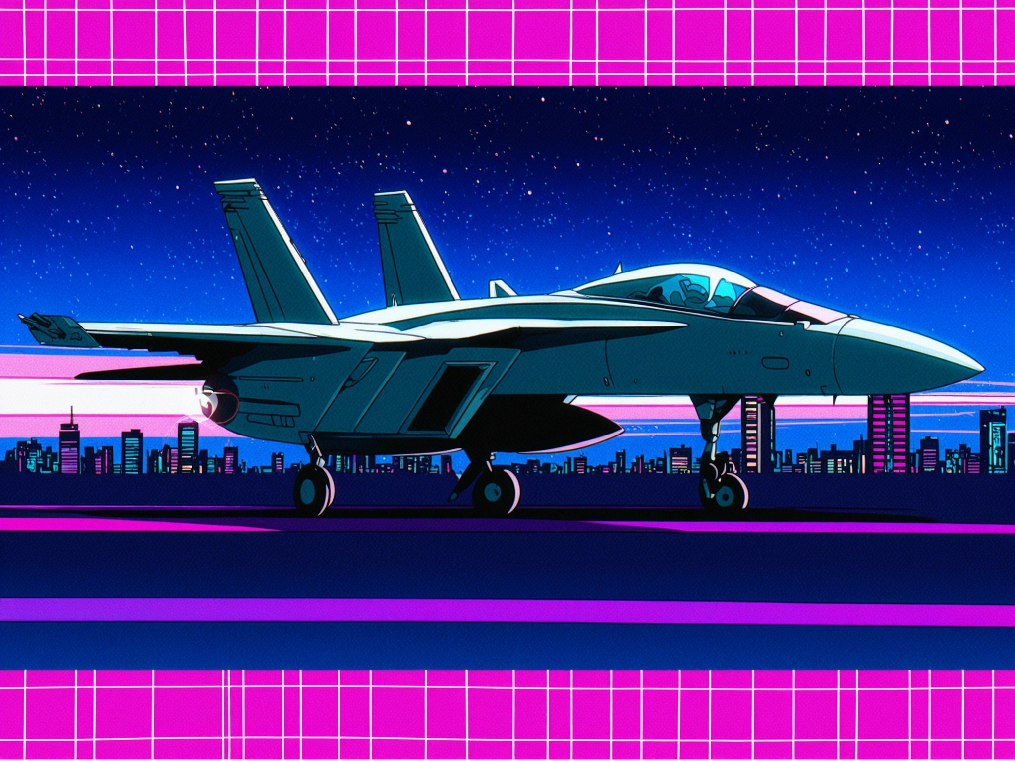 <lora:FA-18_Illustrious:1.0>,(F/A-18),aircraft,  1980s anime style, night sky with pink grid horizon, neon city silhouette, glowing afterburners, lens flare, VHS tape noise, retrofuture mood, synthwave aesthetic, masterpiece, best quality, amazing quality