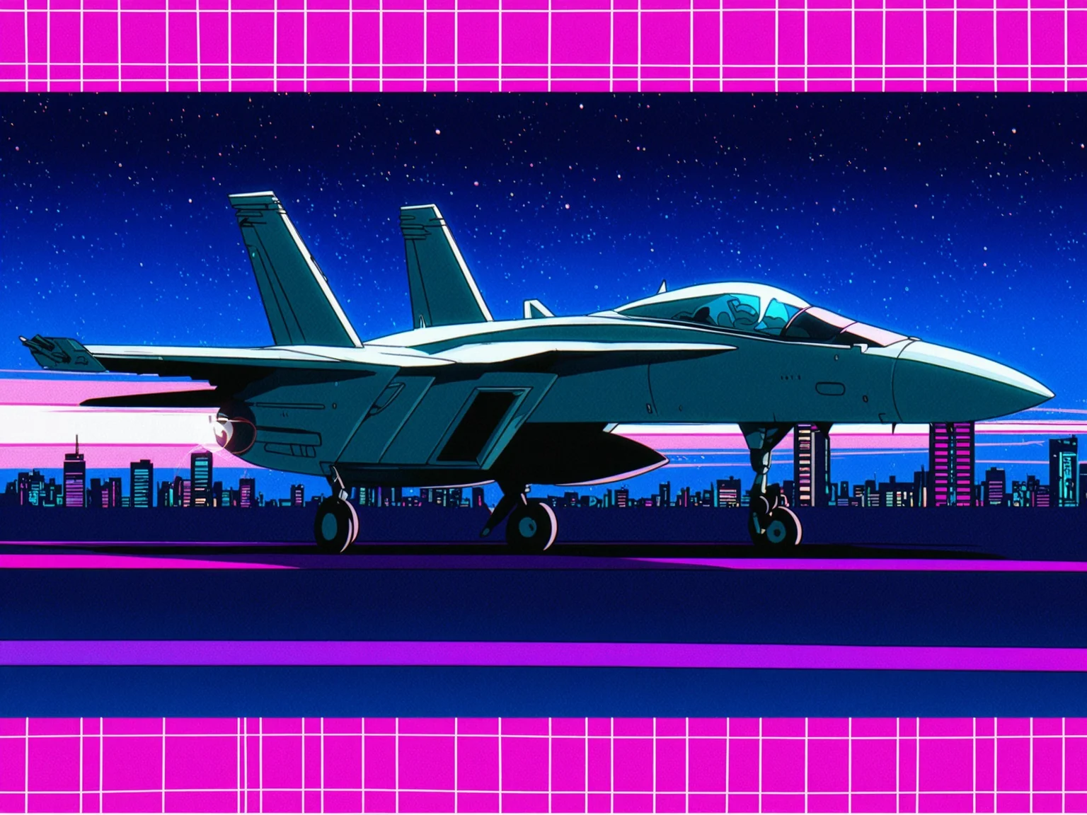 <lora:FA-18_Illustrious:1.0>,(F/A-18),aircraft,  1980s anime style, night sky with pink grid horizon, neon city silhouette, glowing afterburners, lens flare, VHS tape noise, retrofuture mood, synthwave aesthetic, masterpiece, best quality, amazing quality