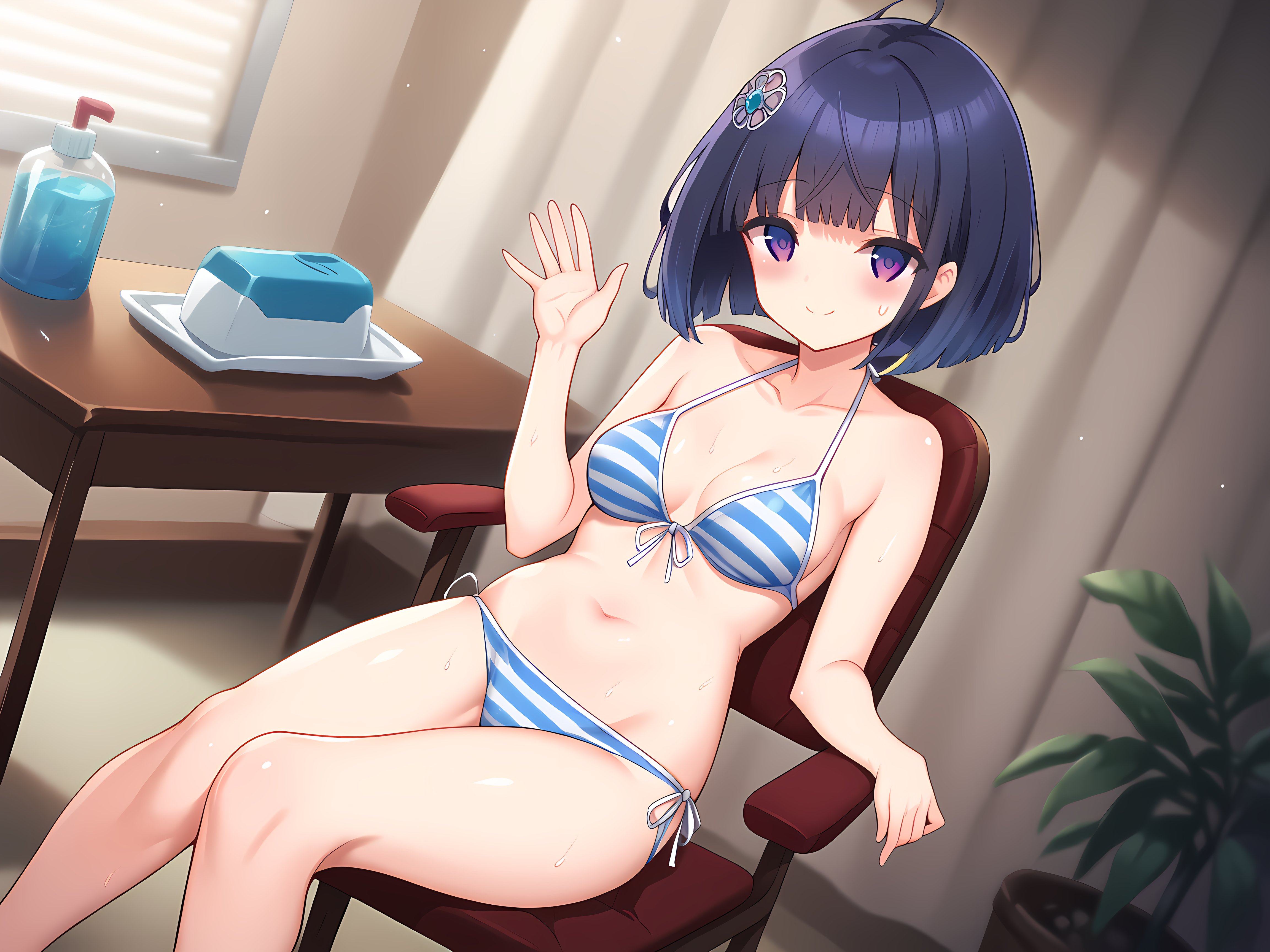 1girl,shimo,shizuha,multicolored eyes,striped,bikini,striped bikini,swimsuit,chair,sitting,breasts,looking at viewer,purple eyes,navel,short hair,hair ornament,collarbone,midriff,medium breasts,happy,smile,waving,long hair,blush,sweat,indoors,room,<lora:Selenoxia_-_Shizuha_-_Shimobashira_Workshop>,, score_9, score_8_up, score_7_up,source_anime,(masterpiece),(best quality),(ultra-detailed),(best illustration),(best shadow),(absurdres),(detailed background),(very aesthetic),source_anime