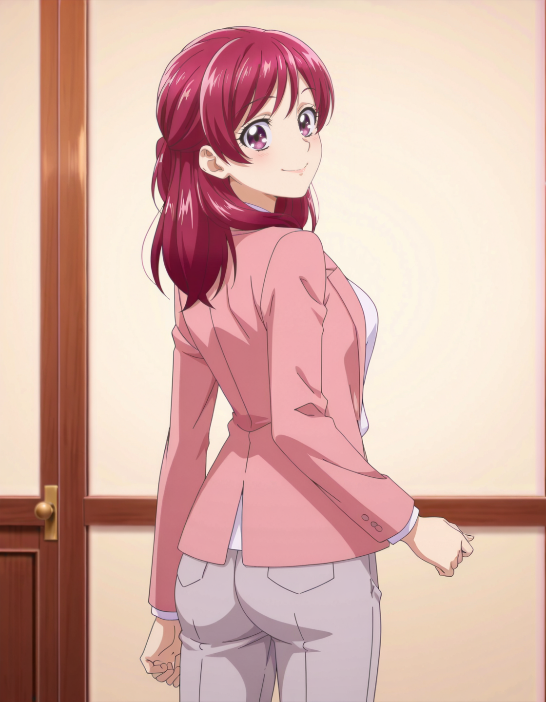 anime screencap, solo,1girl,yumeharanozomi, smile, jacket, pink jacket, shirt, looking at viewer, open jacket, white shirt, open clothes,gray pants, long sleeves,formal, medium breasts,from behind,ass<<lora:yumeharanozomi_IL:0.8>,
high definition,amazing quality,best quality,very aesthetic,masterpiece,absurdres,