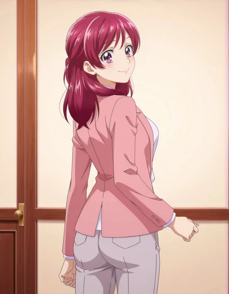 anime screencap, solo,1girl,yumeharanozomi, smile, jacket, pink jacket, shirt, looking at viewer, open jacket, white shirt, open clothes,gray pants, long sleeves,formal, medium breasts,from behind,ass<<lora:yumeharanozomi_IL:0.8>,
high definition,amazing quality,best quality,very aesthetic,masterpiece,absurdres,
