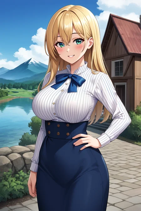 1girl, long hair, large breasts, looking at viewer, blush, smile, bangs, skirt, blonde hair, shirt, long sleeves, ribbon, hair between eyes, green eyes, white shirt, pinstripe shirt, solo focus, aqua eyes, (blue skirt), blue ribbon, (long skirt), house, outdoor, mountain, lake, standing, cowboy shot, high-waist skirt, one hand on hips,