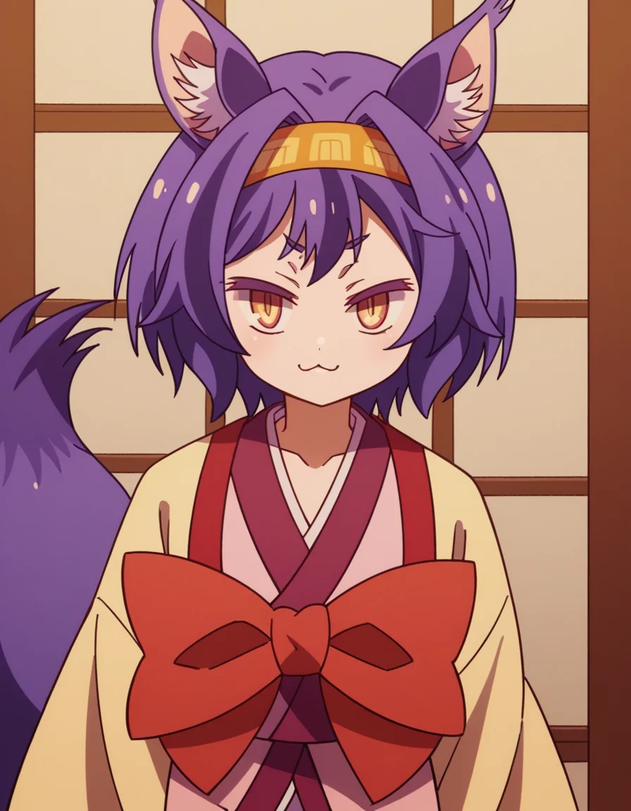 score_9, score_8_up, score_7_up, source_anime, <lora:izuna-hatsuse-s1-ponyxl-lora-nochekaiser:1>, izuna hatsuse, short hair, animal ears, purple hair, hairband, animal ear fluff, fox ears, slit pupils, yellow eyes,, bow, tail, japanese clothes, wide sleeves, kimono, fox tail, short kimono,, museum, art exhibit, paintings, observing, quiet contemplation, cultural experience, , , smug, solo,, cowboy shot, dutch angle