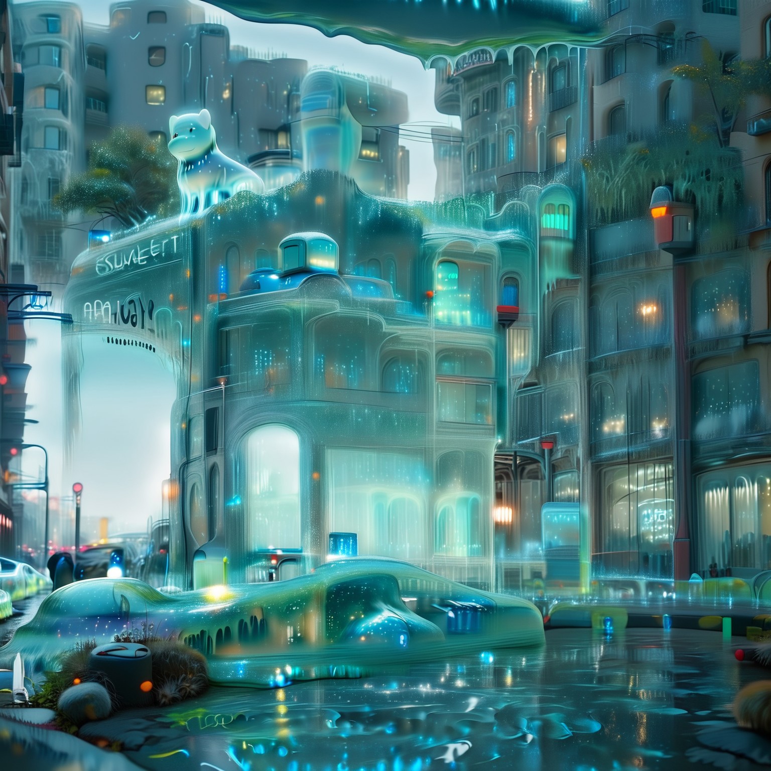 a detailed city street made out of slime, building, buildings made out of slime, ground vehicle, vehicles made out of slime, detailed scenery made out of slime, real world location, city street, city street made of slime,
everything made of slime, No simple background, ((slime tree)), detailed leaves, detailed bark texture, 
overcast sky, natural light, no bright spots, 
((translucent slime)), ((transparent slime)), made of water, (bioluminescent slime), sl1m3, slime, slime-morph, ais-blmn, saturated colors, no creatures, no humans, no monsters, no pokemon, scenery only, scenery, ral-lava, watce