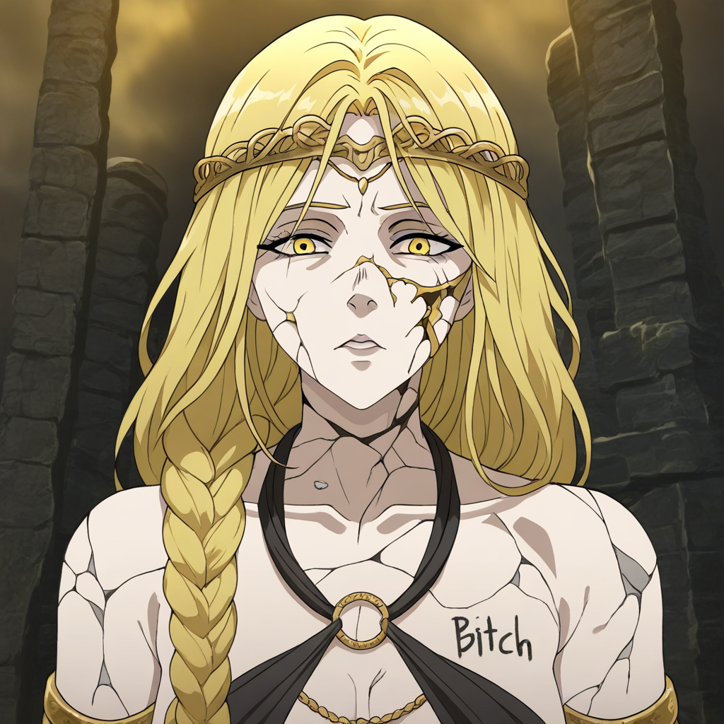 masterpiece, best quality, newest, absurdres, highres, anime, anime style, b1tch-BW-V1.0, body wrriting, english text, body writing(BITCH), text(BITCH), body wrriting on face, 1girl, queen marika the eternal \(elden ring\), bare shoulders, black dress, circlet, gold circlet, cracked skin, halter dress, halterneck, long hair, yellow eyes, braid, braided hair, long braid,