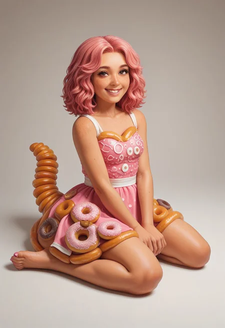 a2dstyle, bold outlines, flat colors, defined shading, illustration, 1girl, pink hair, freckles, PAWG, Thicc, character design, sitting on a donut, pink maxi dress, smile
