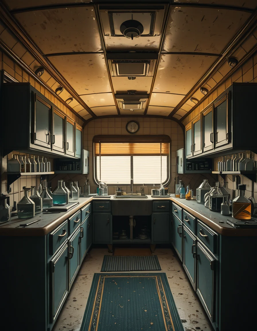 The interior of an old RV converted into a clandestine drug laboratory, inspired by the TV series Breaking Bad. The space is cramped and messy, filled with scientific equipment, glass beakers, flasks, burners, chemical containers, and lab tools scattered around. The walls are aged and stained, with peeling wallpaper and old metallic cabinets. A small sink area is cluttered with dirty lab glassware. The lighting is dim and tinted yellow, with sunlight barely filtering through dusty blinds. The floor is grimy, with a mix of rubber mats and worn carpet. The overall atmosphere is tense and gritty, capturing a sense of secrecy and danger. Hyper-realistic style, cinematic composition, rich in textures and shadows.
<lora:SDXLFaeTastic2400:0.4> <lora:extremely_detailed:0.4> extremely detailed,old RV drug l4b0r4t0ry, <lora:old_RV_drug_l4b0r4t0ry-i:1>, Masterpiece,best quality,hi res,8k,hi res,8k,award winning,(sharp focus, intricate, highly detailed),