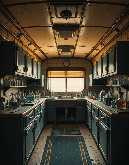 The interior of an old RV converted into a clandestine drug laboratory, inspired by the TV series Breaking Bad. The space is cramped and messy, filled with scientific equipment, glass beakers, flasks, burners, chemical containers, and lab tools scattered around. The walls are aged and stained, with peeling wallpaper and old metallic cabinets. A small sink area is cluttered with dirty lab glassware. The lighting is dim and tinted yellow, with sunlight barely filtering through dusty blinds. The floor is grimy, with a mix of rubber mats and worn carpet. The overall atmosphere is tense and gritty, capturing a sense of secrecy and danger. Hyper-realistic style, cinematic composition, rich in textures and shadows.
<lora:SDXLFaeTastic2400:0.4> <lora:extremely_detailed:0.4> extremely detailed,old RV drug l4b0r4t0ry, <lora:old_RV_drug_l4b0r4t0ry-i:1>, Masterpiece,best quality,hi res,8k,hi res,8k,award winning,(sharp focus, intricate, highly detailed),