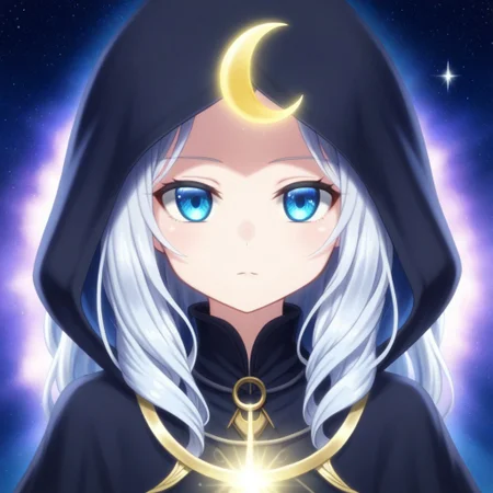 mana_sk style, portrait, focus on face, a mysterious lunar priestess girl with long silver hair and glowing pale blue eyes, wearing a dark hood embroidered with crescent moons and stars, a serene and enigmatic expression, soft moonlight casting a gentle glow on her features, Japanese RPG style, tranquil and sacred atmosphere, intricate details on her hood and the moonlight effects