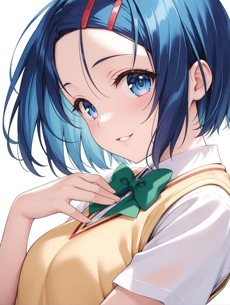 masterpiece,best quality,newest,
1girl,solo,
<lora:s_haruna_ilxl_v1.2:0.8>,blue hair,blue eyes,h_clip,h_clothes,green bowtie,short sleeve blouse,yellow vest,
<lora:Fixhands_anime_bdsqlsz_V1:1>,white background,looking at viewer,simple background,face_focus,upper_body,looking_at_viewer,:o,hand_on_own_chest,smile,profile,dynamic_angle,cinematic_angle,dutch angle,