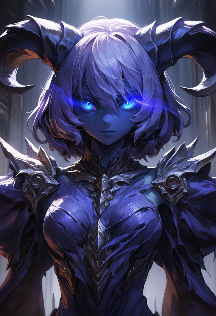(Quasarcake:0.7)  wallpaper 4k 8k high-resolution upper-body 1girl solo monster-girl Draenei purple-gown long-sleeves torn-clothes horns blue-skin glowing-eyes blue-eyes
absurdres highly-detailed best-quality masterpiece amazing-shading cinematic-lighting detailed-illustration