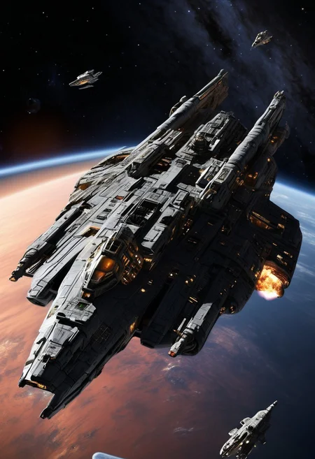galactic warship being gunned down in space, concept art, realistic, DOOMHAZER
