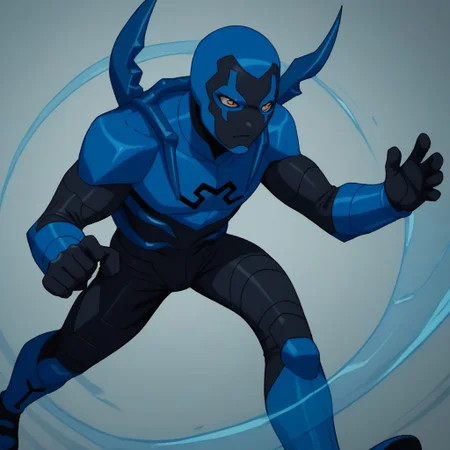 score_9, score_8_up, score_7_up, highly detailed, cute boy, 1boy, solo, Blue beetle, blue and black costume, mask, attack stance,