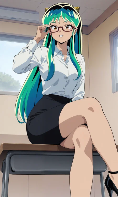 (masterpiece), (best quality), newest, (intricate details, very aesthetic), good hands, 1girl,  <lora:Lum-animagineV2:1>, lumxl, lum,  long hair, green hair, aqua hair, multicolored hair, cone horns, collared shirt, white shirt, pencil skirt, black skirt, high heels, crossed legs, glasses, adjusting eyewear, sitting on table, indoors, classroom, window, teacher, board, seductive smile, looking at viewer, retro artstyle,