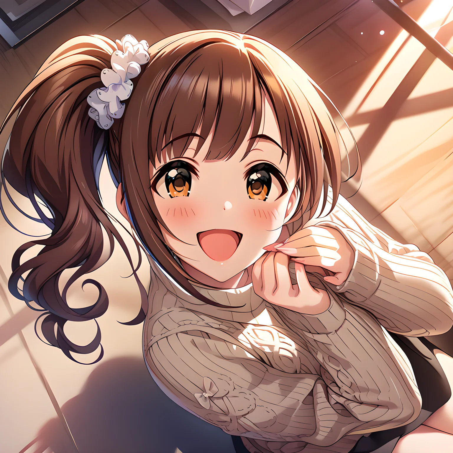 (masterpiece),(best quality),(ultra-detailed),(best illustration),(best shadow),(absurdres),(detailed background),(very aesthetic)kyoko igarashi, 1girl, brown hair, smile, open mouth, side ponytail, solo, blush, scrunchie, bangs, :d, sweater, <lora:Kyoko_Igarashi__äºååµé¿å_-_The_Idolmster_Cinderella_Girls__ã¢ã¤ãã«ãã¹ã¿ã¼ã·ã³ãã¬ã©ã¬ã¼ã«ãº_SDXL_Animagine_XL_3.1:1>