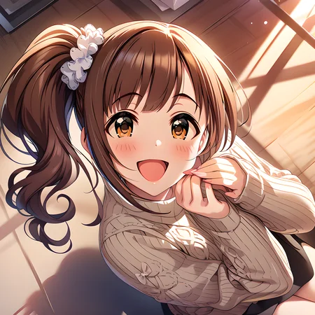 (masterpiece),(best quality),(ultra-detailed),(best illustration),(best shadow),(absurdres),(detailed background),(very aesthetic)kyoko igarashi, 1girl, brown hair, smile, open mouth, side ponytail, solo, blush, scrunchie, bangs, :d, sweater,  <lora:Kyoko_Igarashi__äºååµé¿å­_-_The_Idolmster_Cinderella_Girls__ã¢ã¤ãã«ãã¹ã¿ã¼ã·ã³ãã¬ã©ã¬ã¼ã«ãº_SDXL_Animagine_XL_3.1:1>